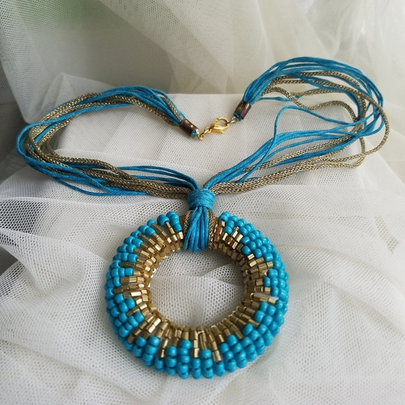 Turquoise Gold Beaded Statement Necklace Handmade NEW